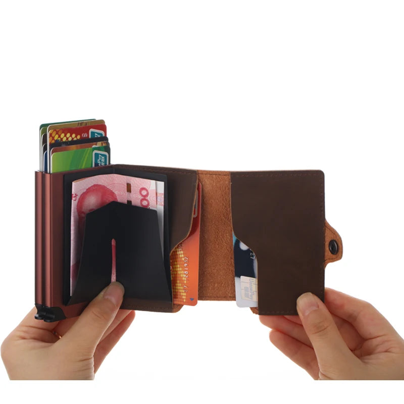 Vintage RFID Double Aluminium Credit Card Holder Vegan Leather Card Wallet Card Holder for Men with Automatic Pop Up Card Case - TotallyVeG