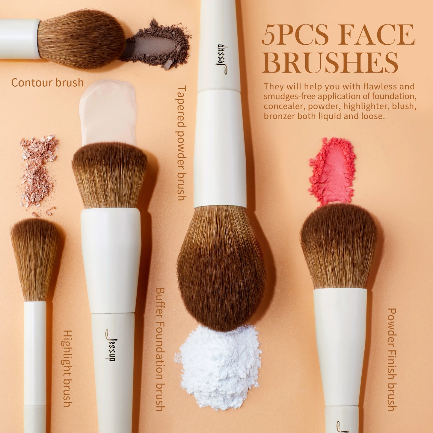 Jessup Face Brushes set 5Pcs Makeup Brushes Vegan Foundation Blush Bronzer Brush Contour Fluffy Setting Powder, Light Grey T493 - TotallyVeG