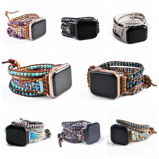 New Natural Stone Apple Watch Band Vegan Beaded Strap Smartwatch Bracelet For Iwatch Series 1-8 Accessories Dropshipping - TotallyVeG